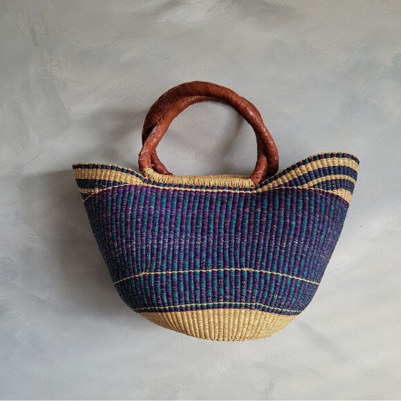 Bolga Basket Handbag Purple & Turquoise Leather Wrapped Handles 18 x 10 Artisan - Picture 1 of 15